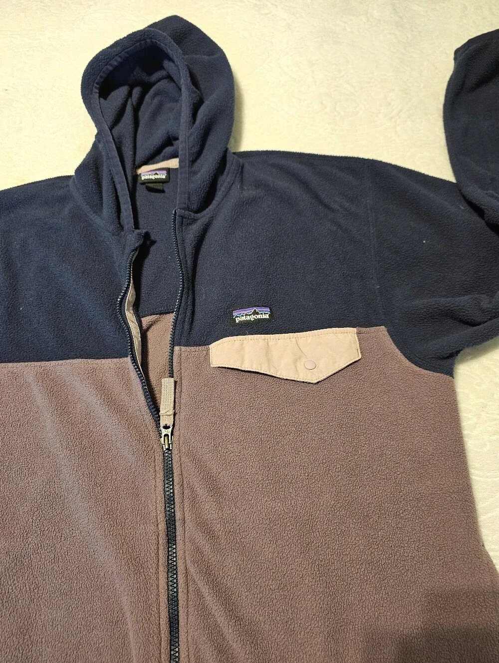 Patagonia Girls XL 14 Micro D Snap-T Full Zip Fleece Hoodie Colorblk Purple Navy
